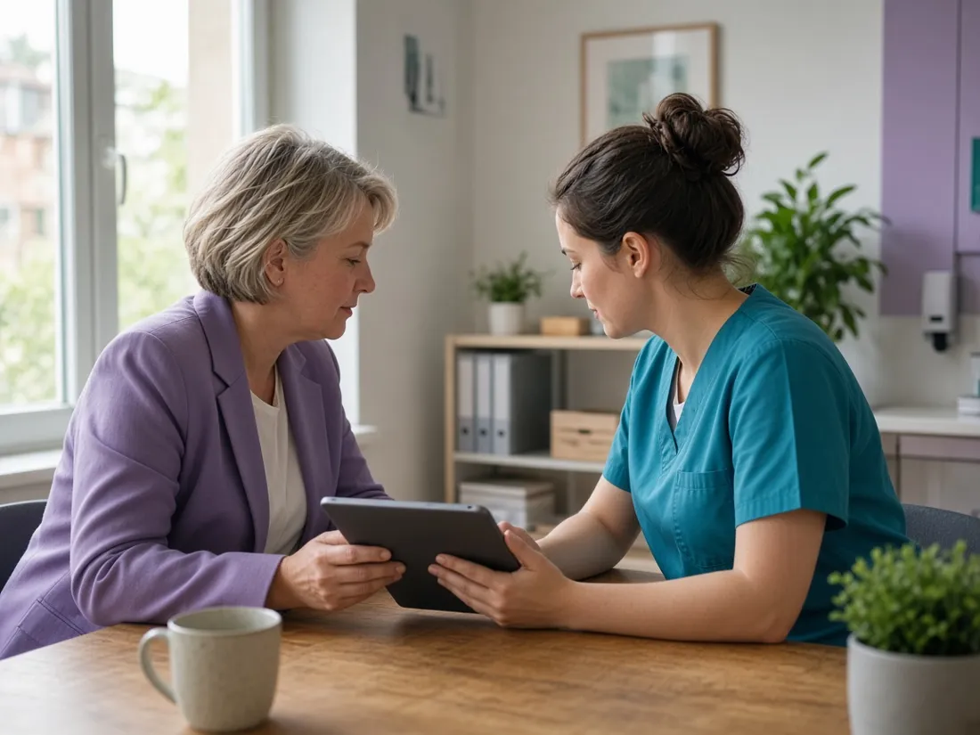 Stimmungsbild: Leitungskraft und Pflegekraft am Tablet