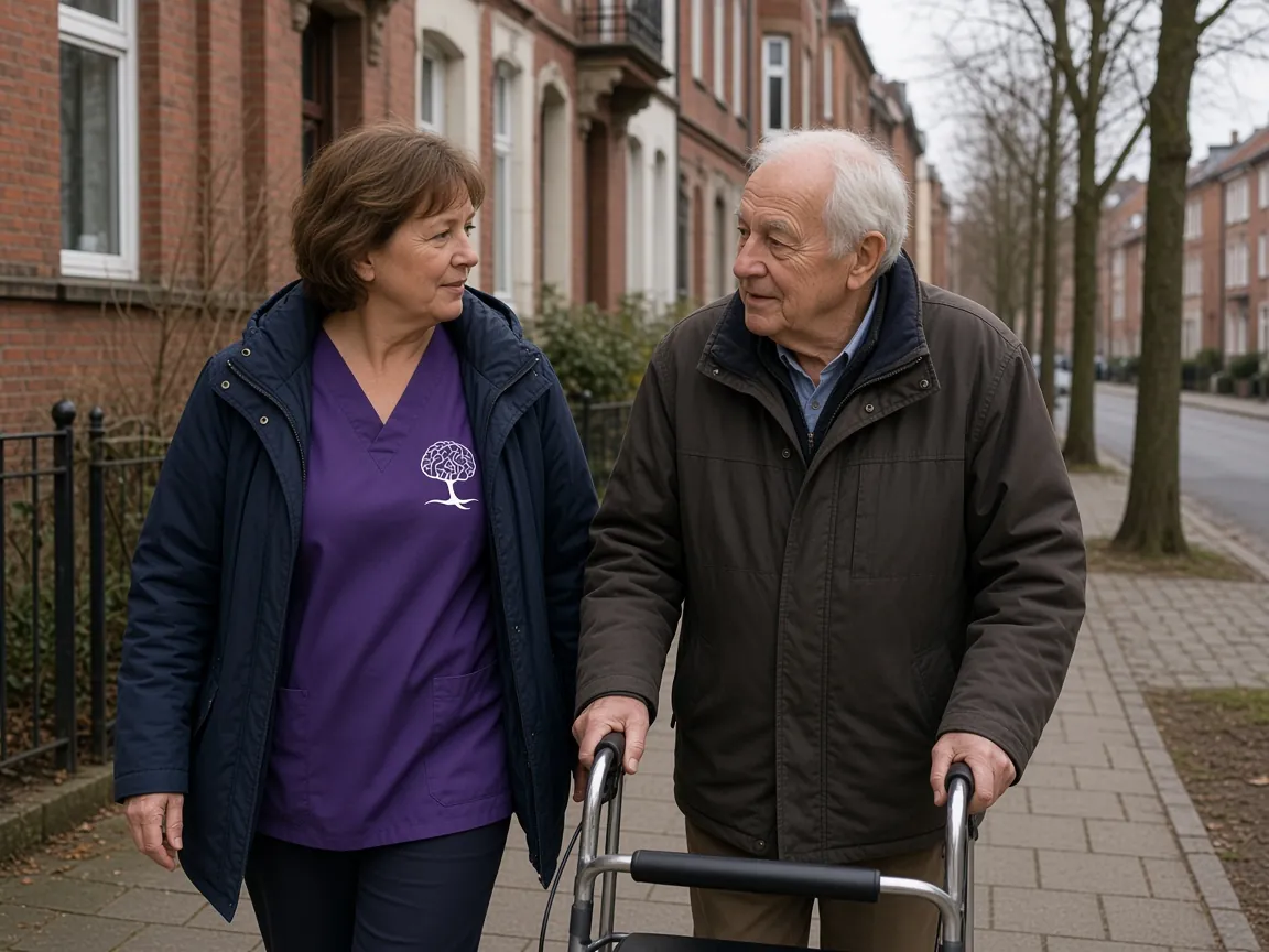 Symbolbild: Betreuungskraft begleitet einen älteren Herrn mit Rollator beim Spaziergang