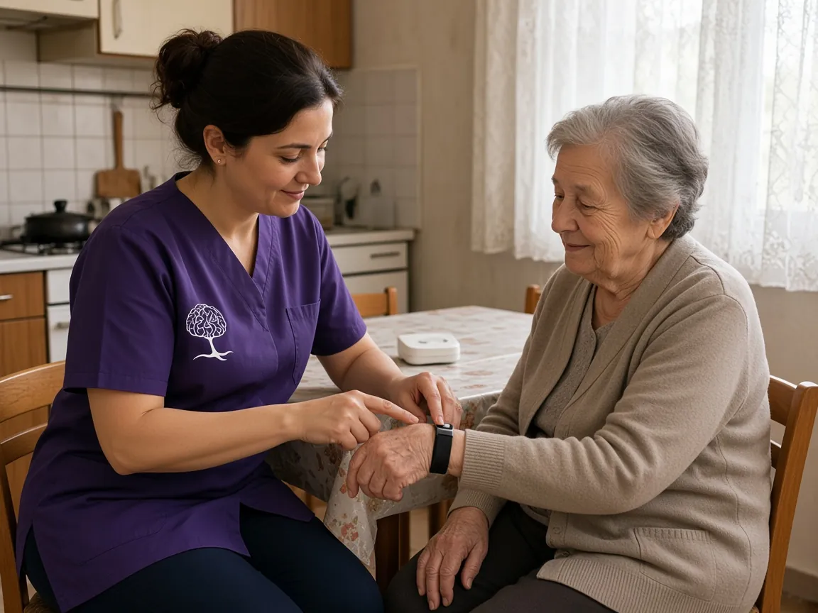 Symbolbild: Pflegekraft legt einer Seniorin am Küchentisch ein Hausnotruf-Armband an