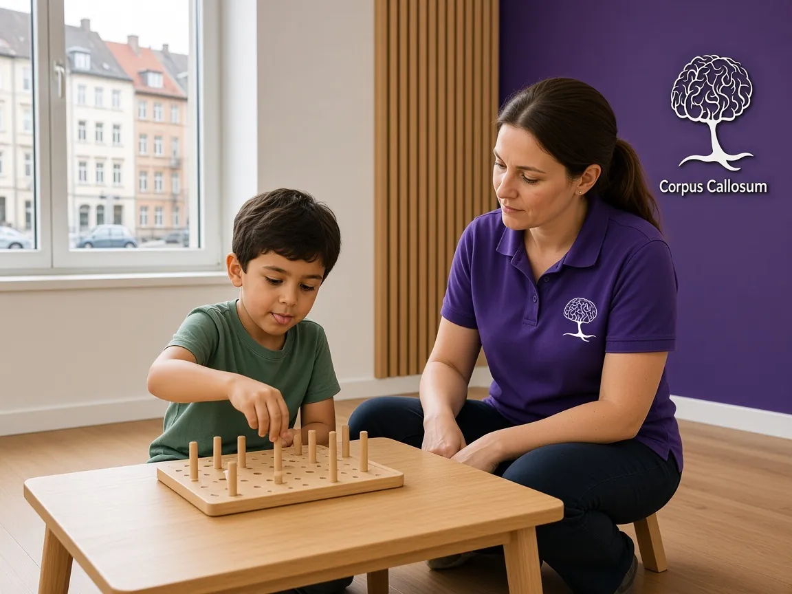 Symbolbild: Ergotherapeutin übt mit einem Kind an einem Steckbrett